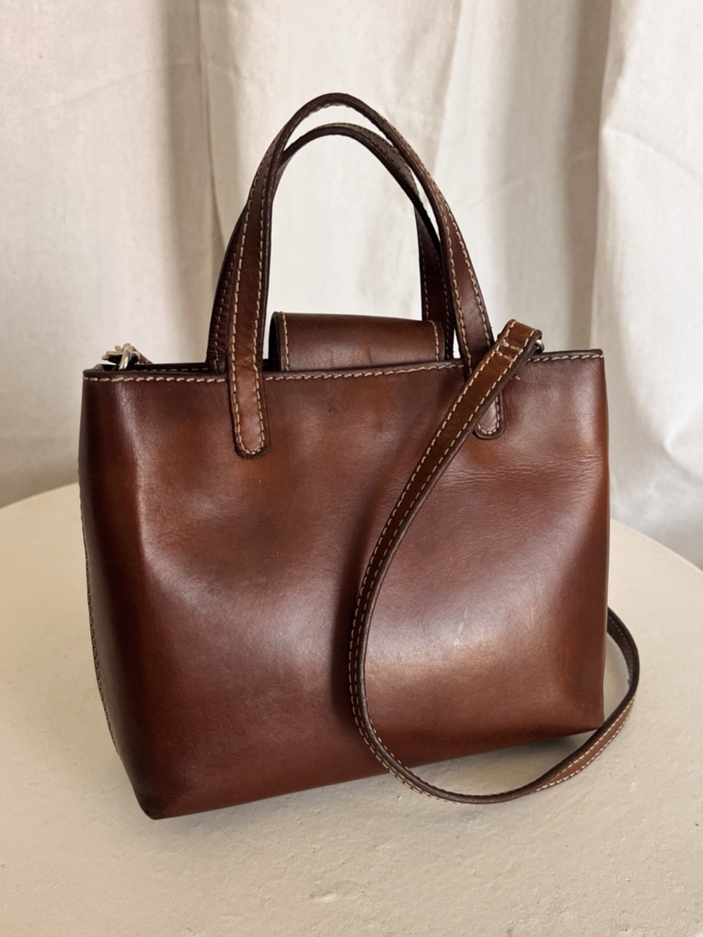 100% Leather Vintage Fossil Brown Leather Satchel with Detachable Strap